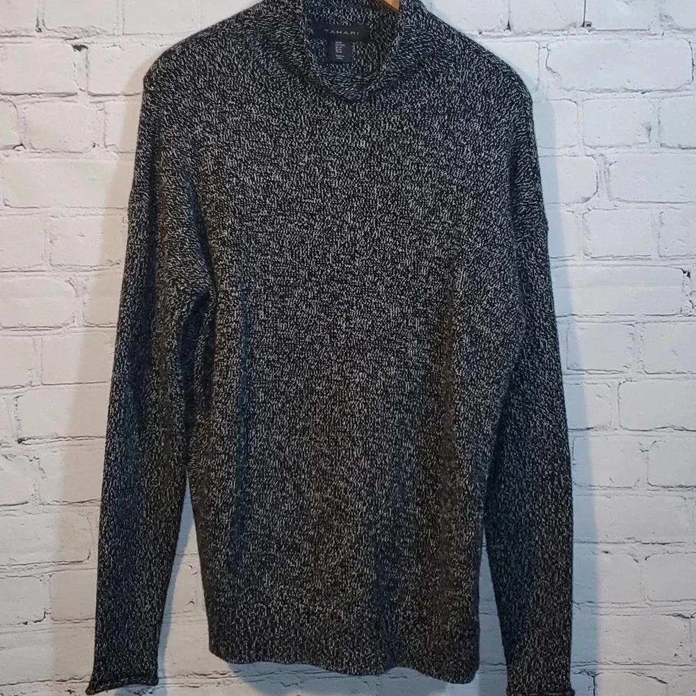 TAHARI Women Sweater Mock Neck Black White Chunky Knit Stretch Pullover Medium